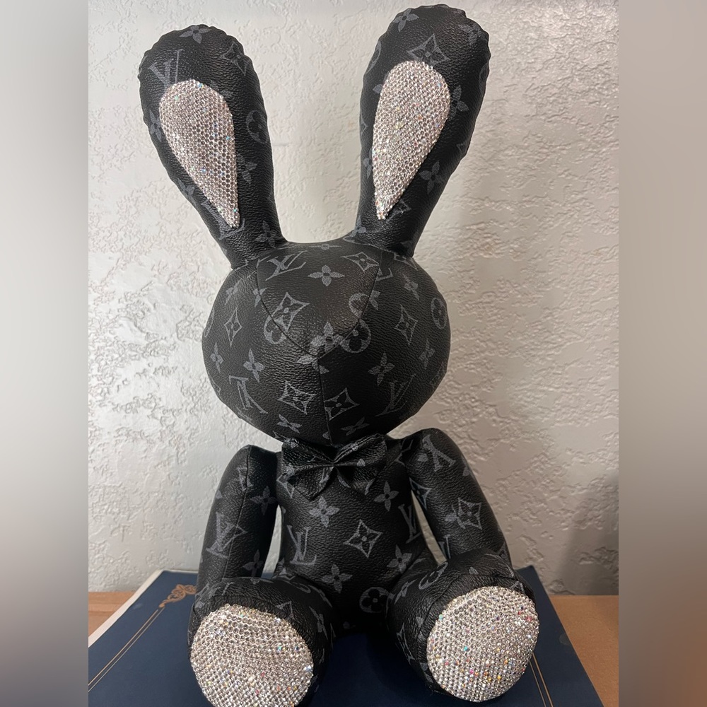 15” Luxury Plush Bunny Decor – Black Sequin Bow, Soft Stuffed Rabbit Doll